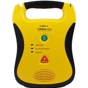 Defibtech Lifeline AED with bright yellow casing, single-button operation, and voice prompts for rapid response in cardiac arrest emergencies.