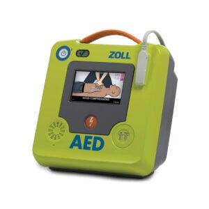 ZOLL AED 3 defibrillator with real-time CPR feedback screen and visual prompts for effective chest compressions during cardiac arrest.