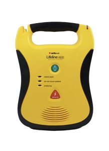 Defibtech Lifeline AED with bright yellow casing, single-button operation, and voice prompts for rapid response in cardiac arrest emergencies.
