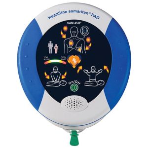 HeartSine Samaritan PAD 450P AED powered on, displaying real-time CPR rate feedback with visual prompts for effective life-saving resuscitation.