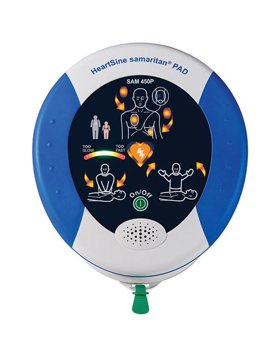 HeartSine Samaritan PAD 450P AED powered on, displaying real-time CPR rate feedback with visual prompts for effective life-saving resuscitation.