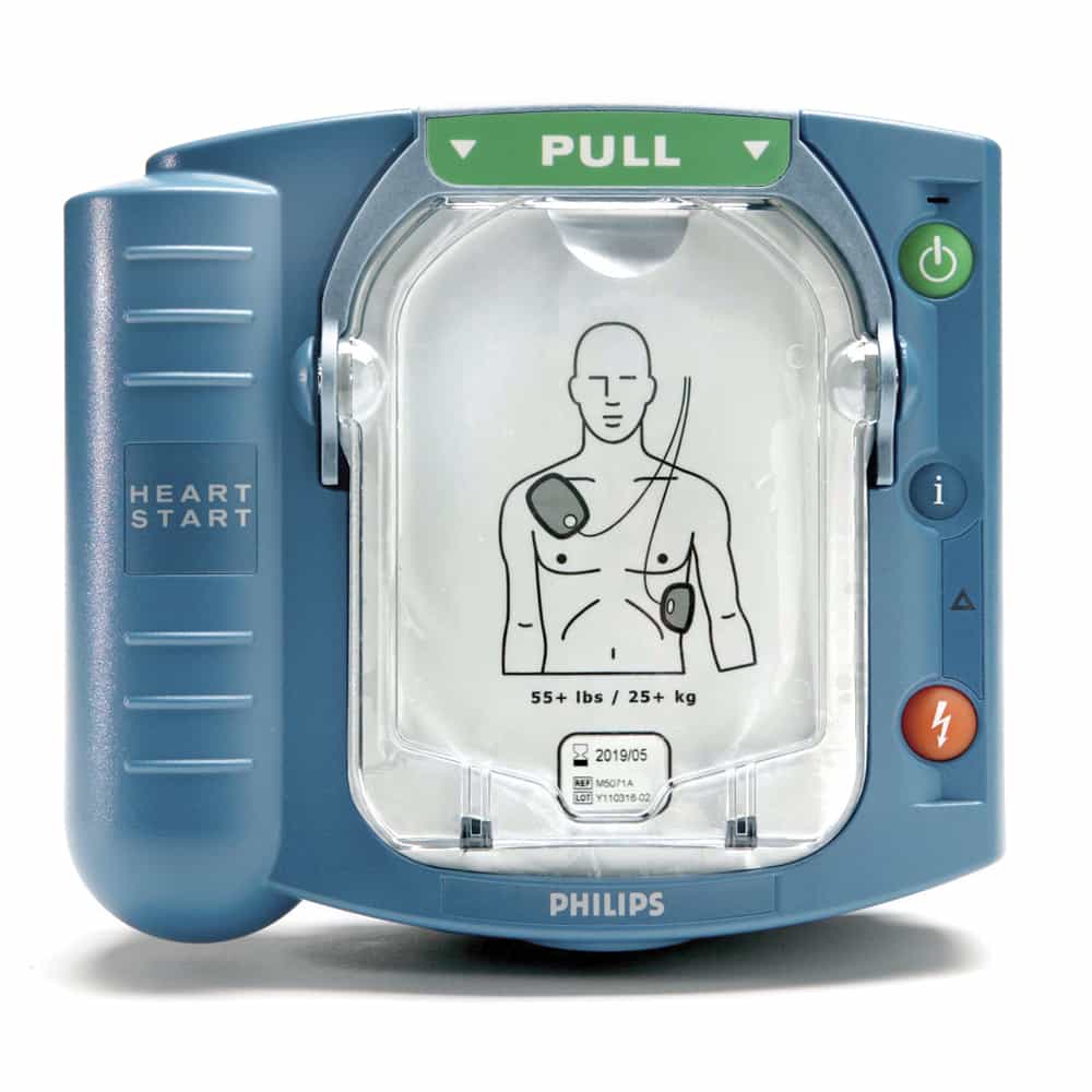 Philips-HeartStart-OnSite-AED-Recertified.jpg Philips HeartStart OnSite AED defibrillator with adult pad placement diagram and user-friendly interface for rapid response to sudden cardiac arrest.